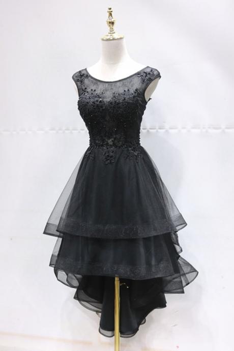 Black Tulle Round Neck High Low Homecoming Dress
