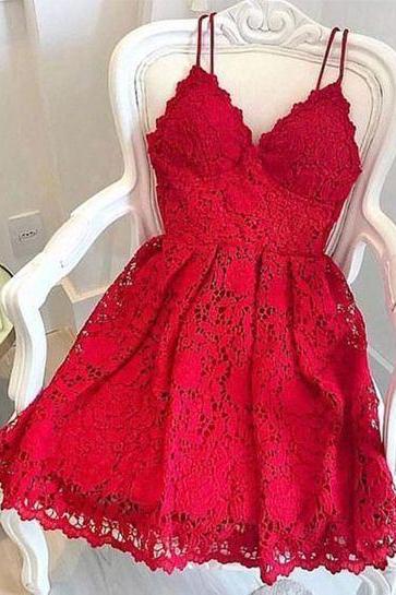 Red Lace Spaghetti Straps A-line V-neck Mini Homecoming Dresses