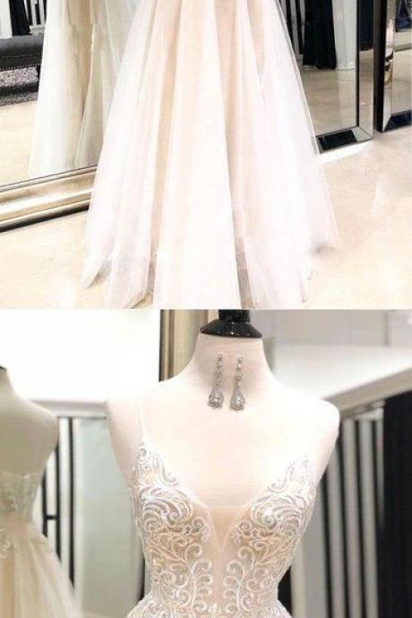Champagne Tulle V Neck Long Custom Made Evening Dress, Lace Prom Dress