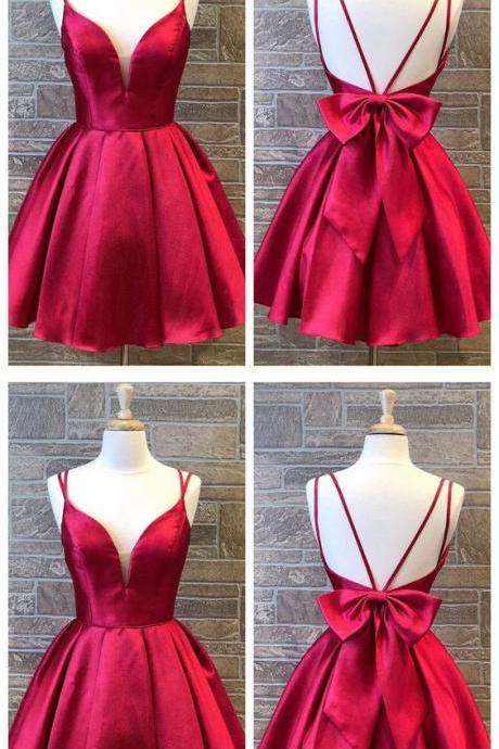 Red Homecoming Dress,Double Straps Homecoming Dress,Satin Homecoming Dress