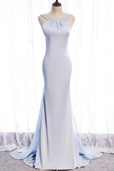 Light Blue Long Mermaid Backless Elegant Prom Dress, Blue Evening Dress Party Dress