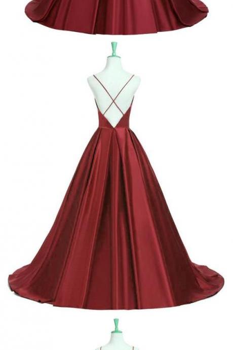 New Fashions Prom Dress,Burgundy Satin Plunge V Spaghetti Strap Floor Length Ball Gown Featuring Criss-cross Open Back