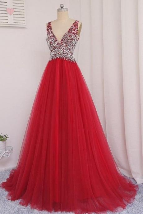 A Line V Neck Tulle Prom Dress With Beading 