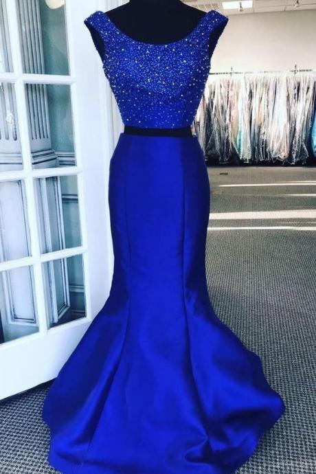 Royal blue 2 piece satin beaded long prom evening gowns