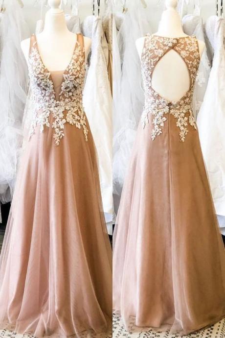 Hollow Out Back Appliqued Long Champagne Prom Dress with Appliques