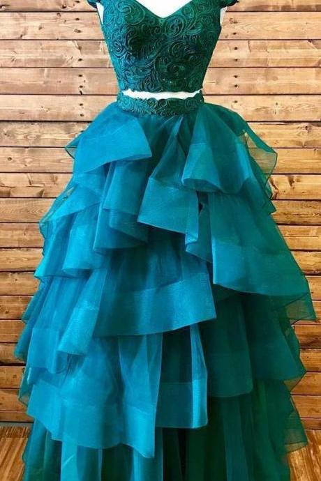 Two piece prom dress, green prom dress, off the shoulder prom dress