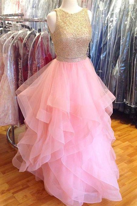 pink prom dress,two piece prom dress,ruffles dress,ball gowns prom dress