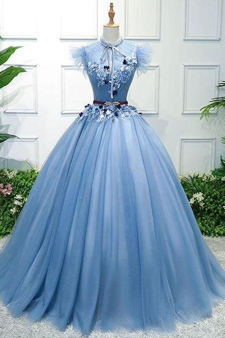 Blue high neck tulle blue long prom dress, blue evening dress