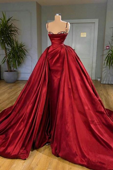Red detachable prom dresses, sweetheart prom dresses, satin evening dresses