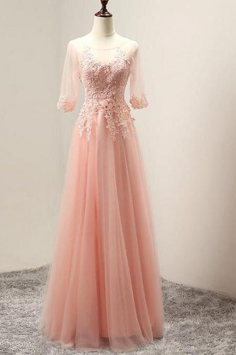 Pink Tulle Elegant Party Dress with Lace Applique, Long Evening Gown
