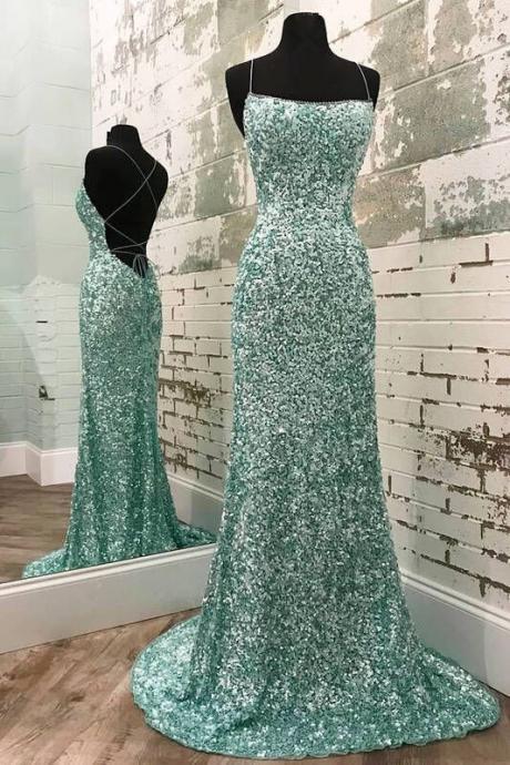 Sparkle Mermaid Scoop Neck Cross Back Mint Sequin Long Prom Dresses