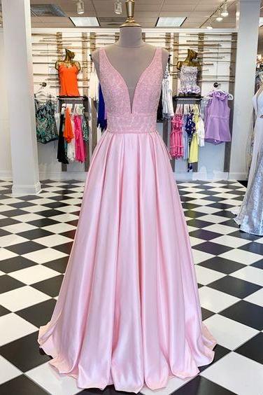 Pink V-Neck Prom Dresses,Fancy Dresses,Prom Dress