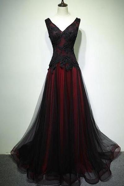 Gorgeous Black and Red V-neckline Tulle Beaded Prom Dress, Long Evening Gown