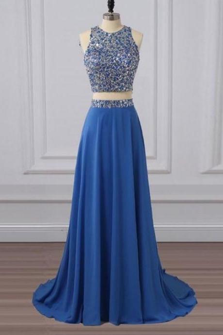 Two Pieces Rhinestone Beaded Chiffon Blue Long Prom Dresses