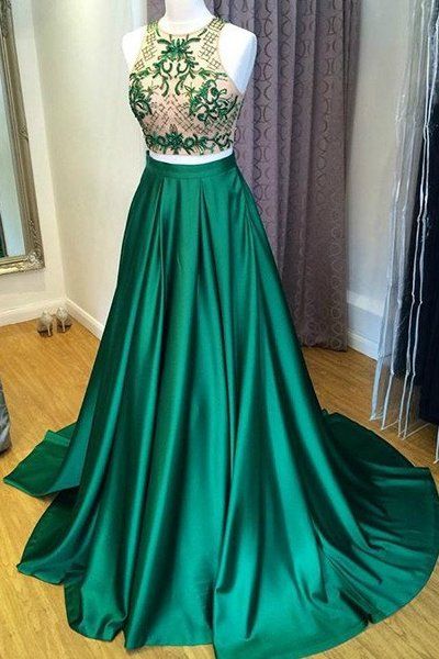 Two Piece Prom Dress, Green Long Prom Dress