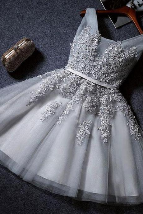 Gray tulle lace shor gray tulle homecoming dress