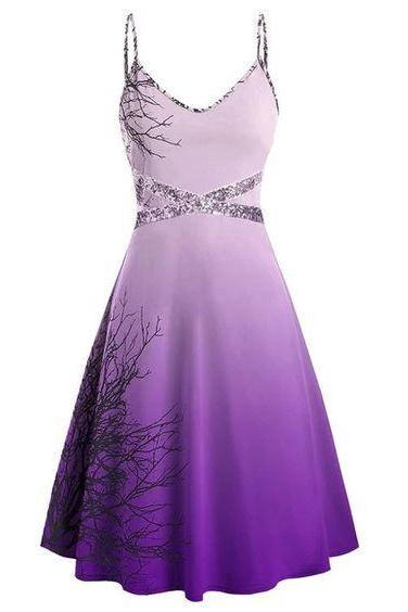 Plus Size Spaghetti Strap Tree Print Sequin Sleeveless V Neck Homecoming Dress 