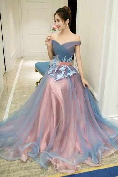Elegant v neck tulle lace long prom dress, off shoulder evening dress