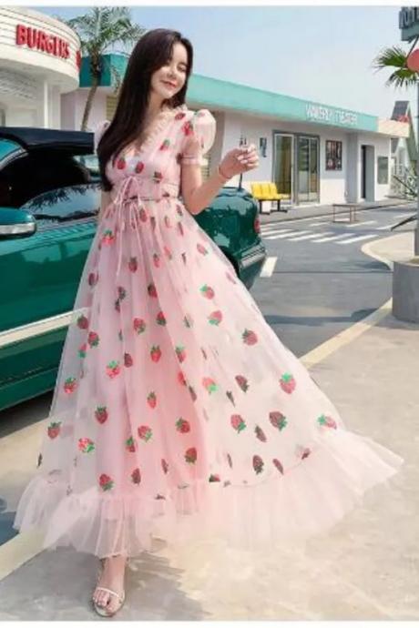 Sweet Strawberry Sequined Embroidery Cascading Ruffle Maxi Dress Women Summer V-neck Puff Sleeve 