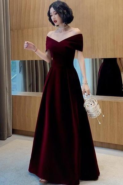 Beautiful Dark Red Velvet Off Shoulder Prom Dress