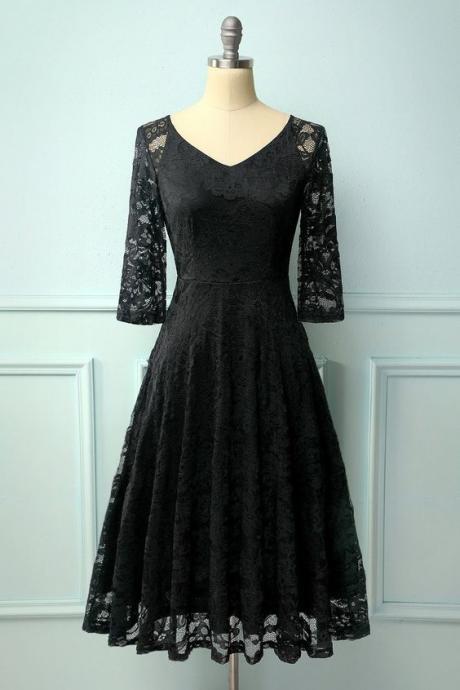 Midi Lace Dress with Long Sleeves - Black