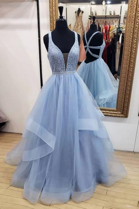 Sexy Blue V-Neck Lace Prom Dress With Cross Back,Sleeveless Tulle Evening Dress