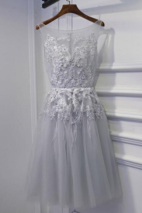 Gray round neck tulle lace short prom dress, gray tulle homecoming dress