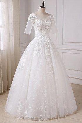 White Tulle ,mid Sleeve Wedding Dress, Long Beaded Winter Formal Prom Dresses