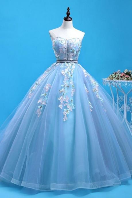 Sky blue Tulle Sweetheart Neck Full Length Senior Prom Dress, Quinceanera Dress 