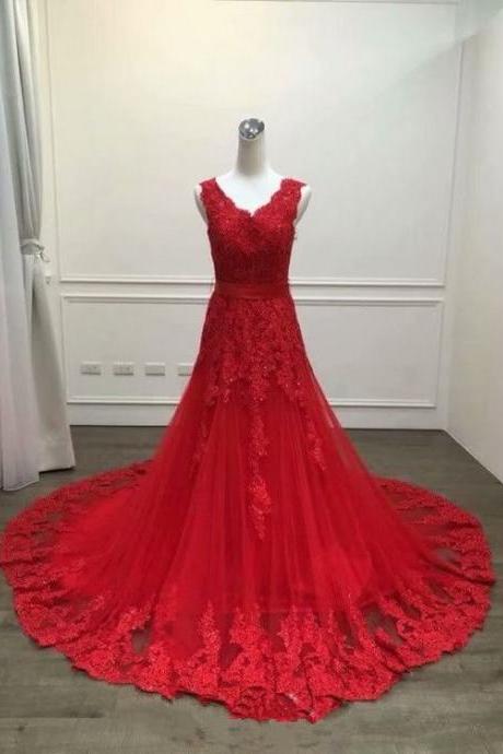 Sexy Red V Neck Long Prom Dresses New Tulle Beaded Appliques A Line Evening Dress
