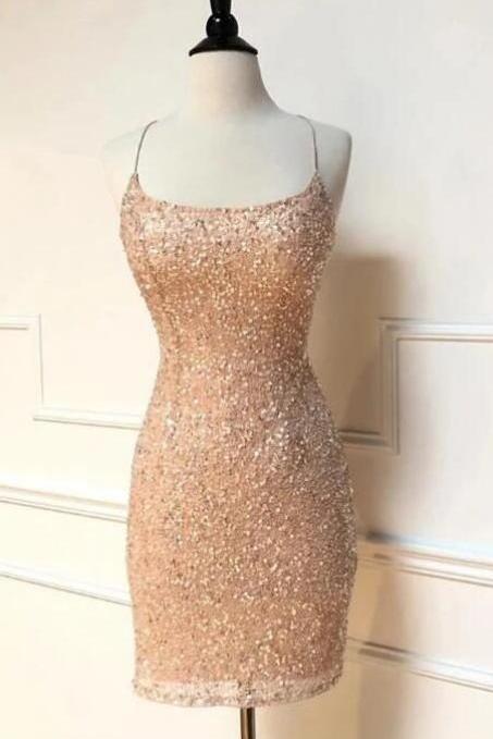 elegant peach sequins homecoming dress with spaghetti straps