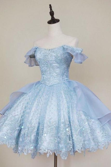 Vintage Blue Lace Homecoming Dresses,Off The Shoulder Homecoming Dresses