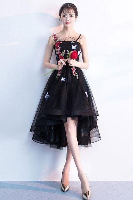 Cute Black Tulle Lace Applique Short Prom Dress, Black Homecoming Dress