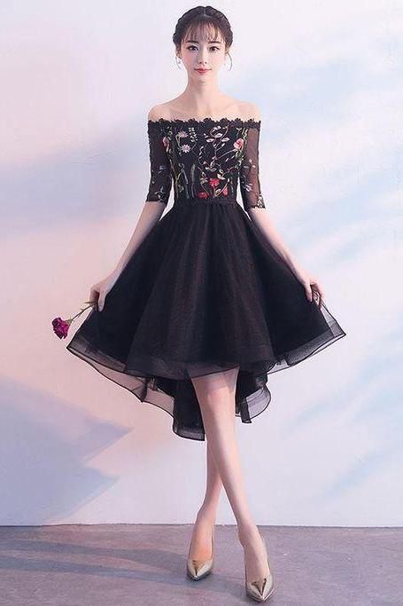 Black tulle lace short prom dress, black evening dress