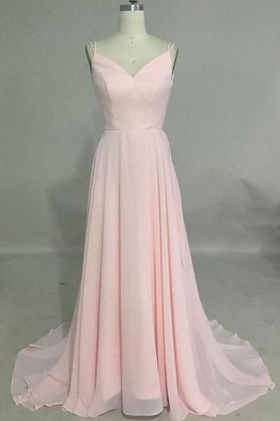 Simple v neck pink long prom dress, backless pink evening dress