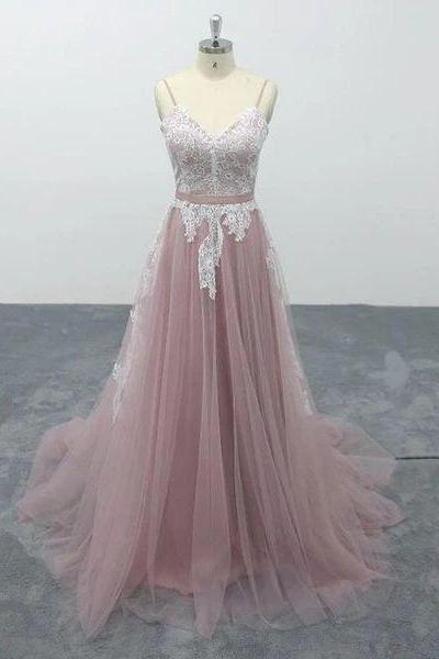 Pink Tulle V-Neck Spaghetti Straps Bridal Gown, Floor-Length A-line Wedding Party Dress