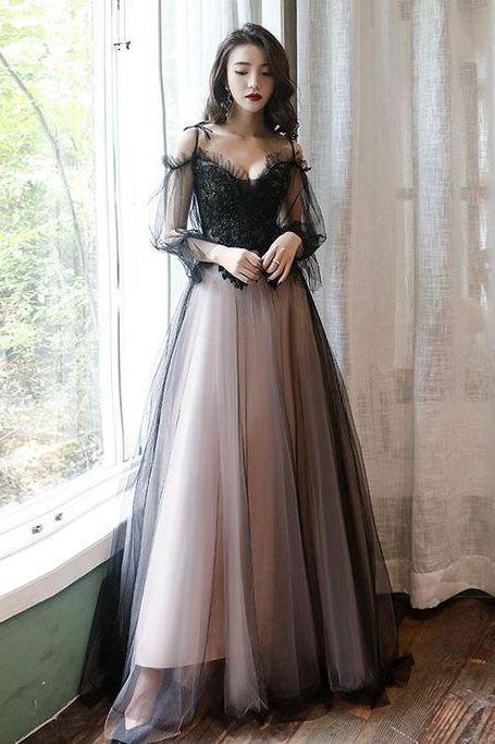 Black tulle A line lace long prom dress tulle lace formal dress