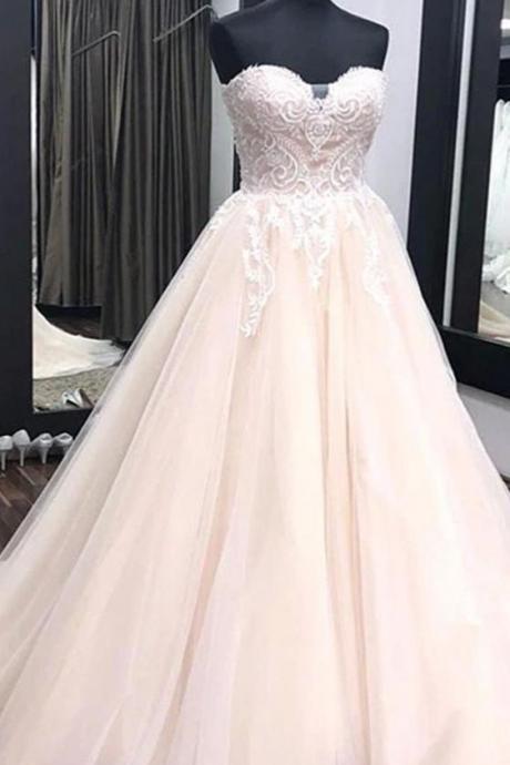 Unique sweetheart neck tulle lace applique long wedding dress, lace bridal dress