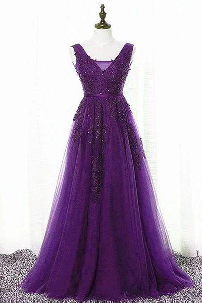 Beautiful Purple Tulle A-line Party Dress, Long Prom Dress