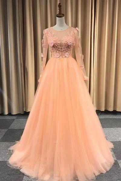 Light Orange Tulle Long Sleeves with Lace Party Dress, Long Prom Dress Formal Dress