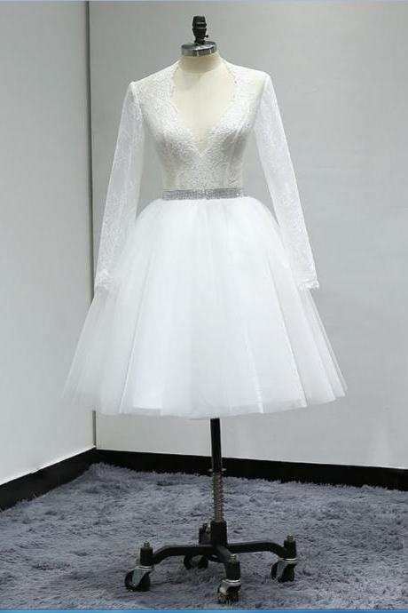 White V Neck Long Sleeve Lace Wedding Dresses Short Bridal Dresses