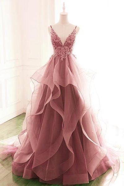 Dark Pink V-Neck Tulle Lace Prom Dress,Spaghetti Strap Prom Dress,Ruffle A Line Formal Dress