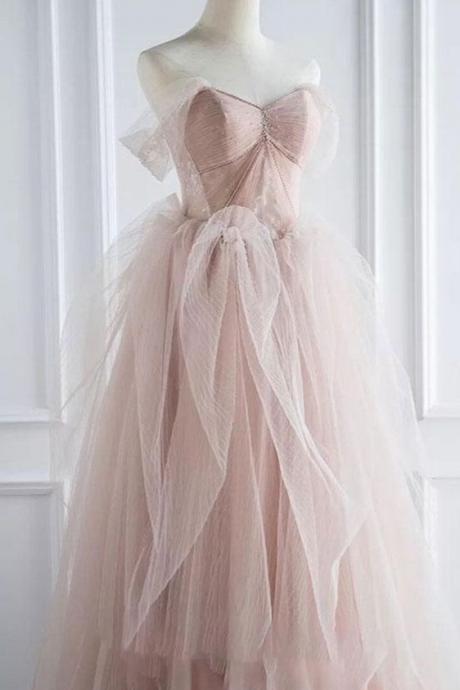 Pink sweetheart tulle long prom dress, pink tulle formal dress