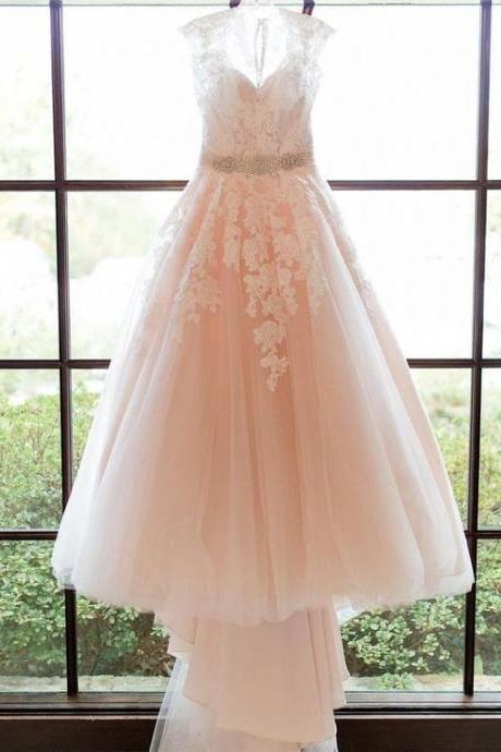 Lace Applique Blush Pink Prom Dresses