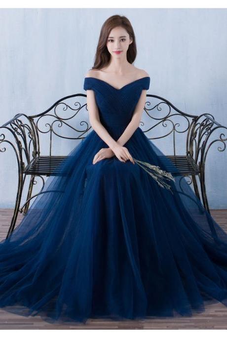 Navy Blue Floor Length Simple Tulle Junior Prom Dress, Blue Party Dress