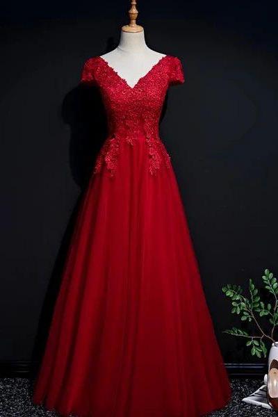 Red Tulle Cap Sleeves Long Prom Dress , A-line Party Dress