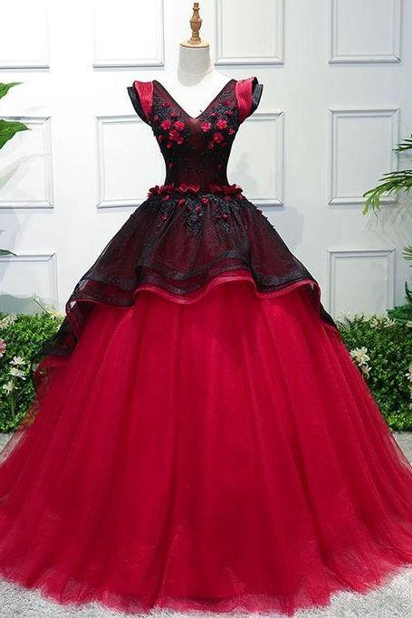 Unique burgundy v neck tulle long prom dress, burgundy evening dress