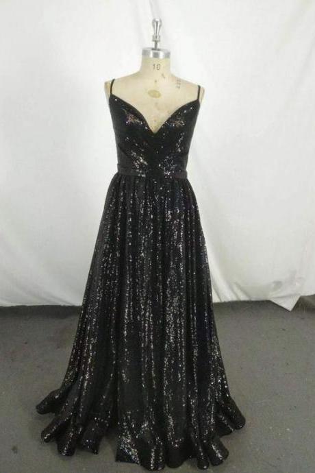 Sexy Sequins Slit Long Prom Dress, Black Straps Charming Formal Gown