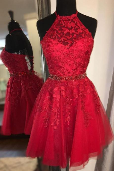 Burgundy Lace Homecoming Dress Halter Neckline, Short Prom Dress ,Winter Formal Dress, Pageant Dance Dresses, Back To School Party Gown