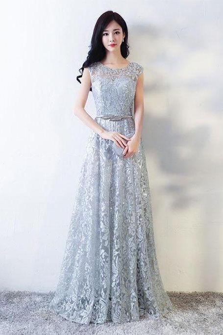 Gray lace tulle long prom dress, lace evening dress